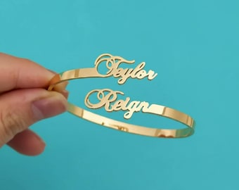 Custom Engraved Two Name Bangle, Stainless Steel Couple Bracelet