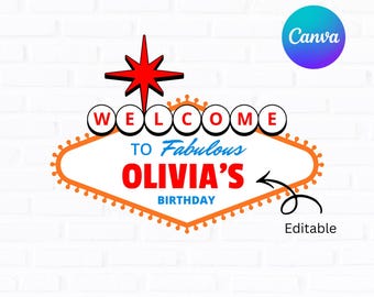 Editable Birthday Welcome Sign | Custom Name Vegas Style Sign | Birthday Party Decor | Canva Template | Instant Download