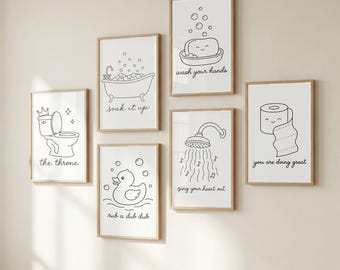 Funny Bathroom Printable Wall Art Set of 6, Toilet Humor Prints, Rubber Duck Bathtub Restroom Signs, Guest Bath Digital Download