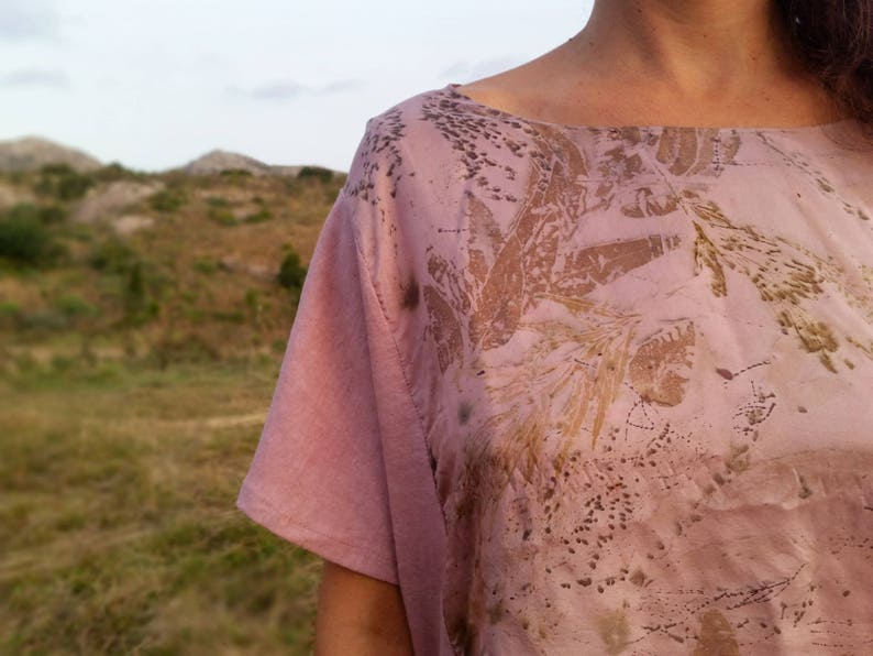 hemp tee bohemian blouse organic cotton blouse eco dyes top plant dyed tshirt ecoprinted silk blouse natural dyes blouse handmade