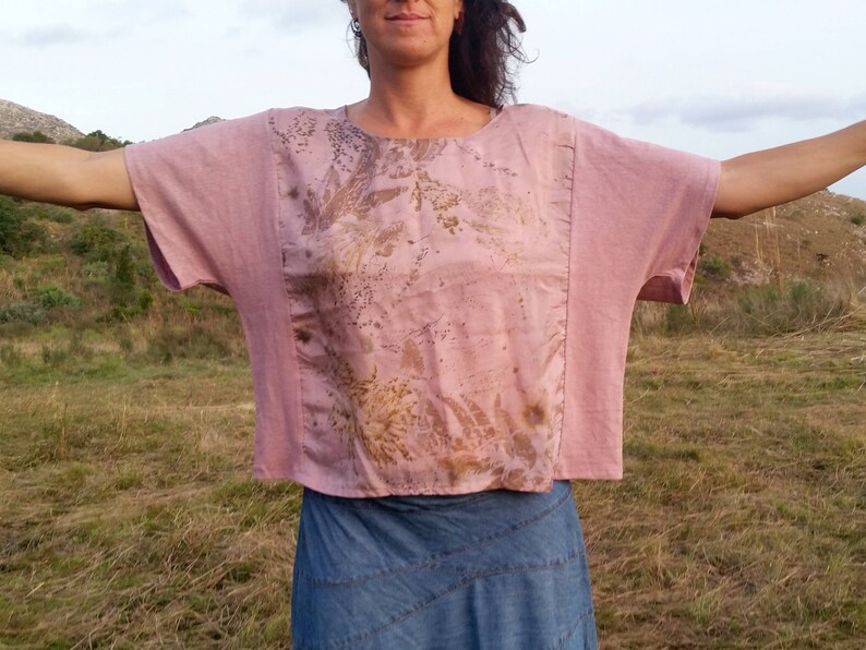 hemp tee bohemian blouse organic cotton blouse eco dyes top plant dyed tshirt ecoprinted silk blouse natural dyes blouse handmade