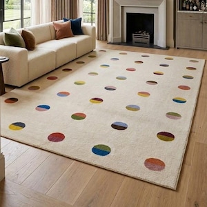 Hand Tufted Cream Rug, Colorful Circles, Modern Geometric Design (Rectangular)