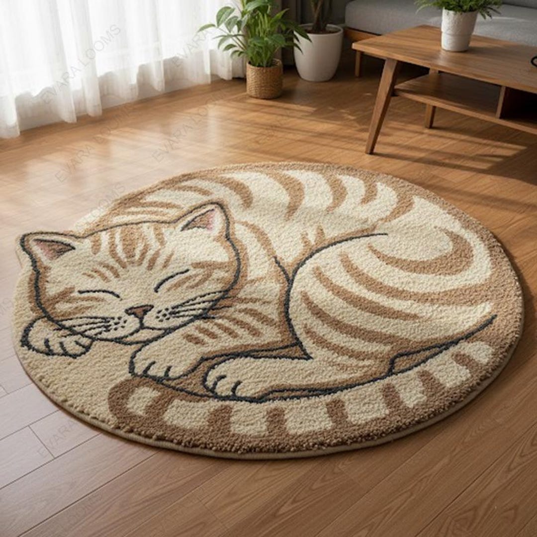 Tabbycat Rugs Cozy Curled Tabby: Round Hand-tufted Cat Area Rug - Etsy