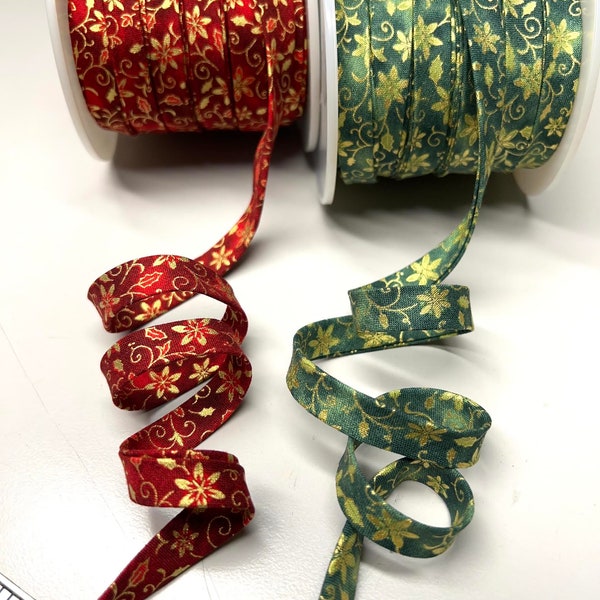 Christmas Gold Glitter bias tape, Christmas bias tape, Holiday Glitter bias tape, Christmas Red Glitter bias, 3 yard 1/2" Double Fold Bias