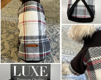 Small Breed Dog Premium Sweater, Black / White Plaid dog Luxe sweater, Black & White LUXE Dog Sweater. Small Breed Dog LUXE Premium Sweater.