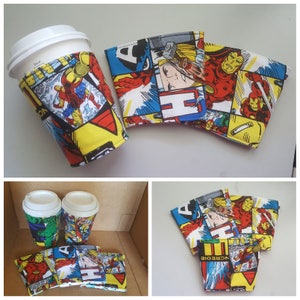 Könnte beinhalten: Set aus vier bunten Stoff-Bechern mit Comicfiguren wie Iron Man, Thor und Captain America. Die Becher sind für Standard-Kaffeebecher konzipiert.