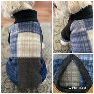 Small Breed Dog sweater, Blue/Grey Plaid Fleece Dog Sweater,Blue/Grey Plaid Dog Sweater, Dog Pullover Fleece Sweater (Double Checked size)