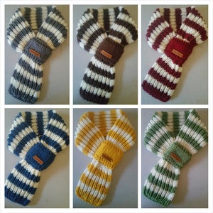Adjustable Kids or Adults  Hand Knit  Stripe Scarf  / Neck warmer in 6 Color with hand made leather label