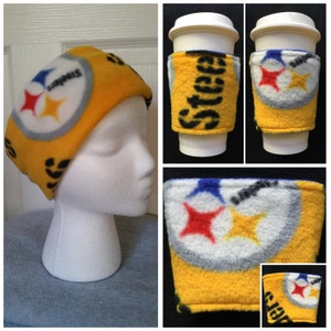 Set of Steelers Football Fleece  Unisex  Headband, Ear Warmers, Ear Muffs, and 2 Cup Cozy, Cup Warmer. Coffee Cup Sleeves