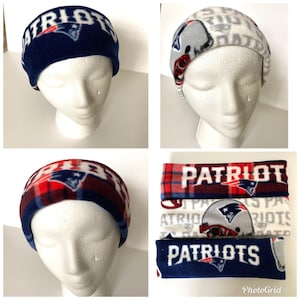 May include: Three fleece headbands with the New England Patriots logo. The headbands are in blue, red, and white with a plaid pattern. The headbands are on a white background.