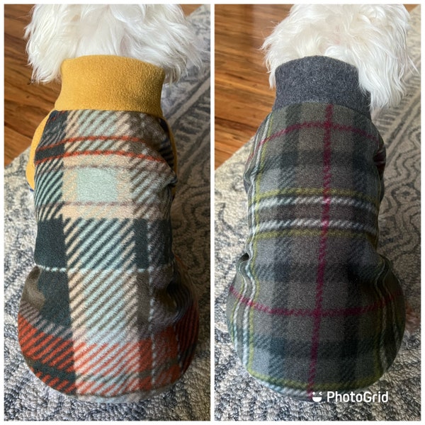 Small breed Dogs Sweater, Green/Orange Plaid Fleece Dog Sweater, Olive/Gray Plaid Fleece dog sweater(Pls Double Check the Size measurement)