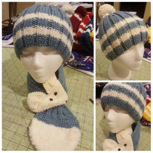 Set of Hand Knit Kids Children Toddler Knit Hat/ Beanie with pom pom / Fox key hole Neck warmer/Scarf