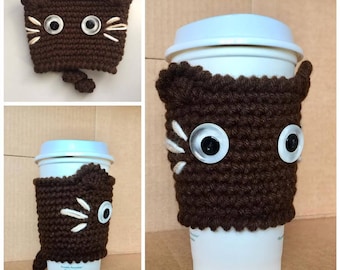 Crochet Black kitty CAT Cup Cozy, CAT Coffee Cup cozy/warmer/cup holder, Cat Cozy, Cat cup Holder