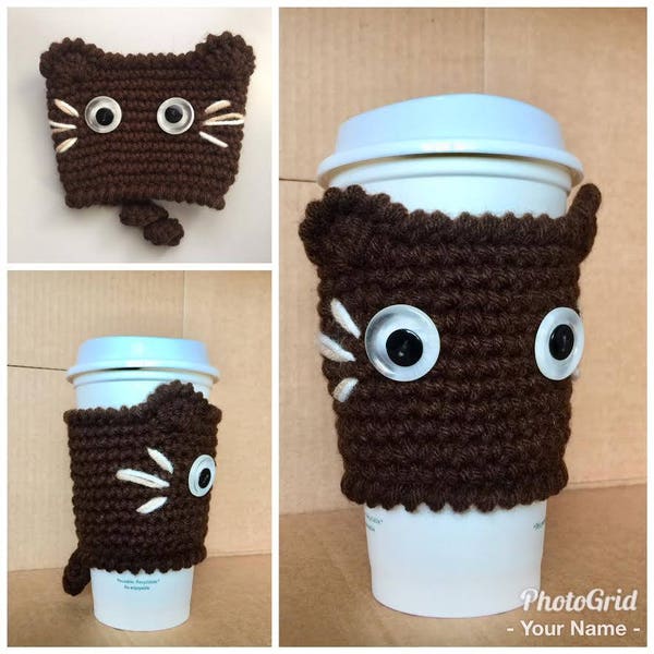 Crochet CAT Coffee Cup Cozy, Kitty Cup Warmer, Brown cat coffee cup warmer, Kitty cup warmer, Kitty cat cup holder, Cat Cozy, Cat cup Holder