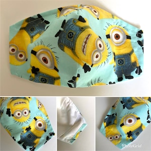 Minions Gesichtsmaske mit Filtertasche, Minions Muster Gesichtsmaske für Erwachsene oder Kinder, waschbar / wiederverwendbare Gesichtsmaske, 100 % Baumwolle, MADE IN USA