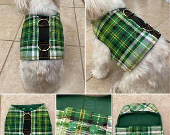 St. Patricks Day dog Harness, Small breed Dog vest Harness, St. Patricks Day Plaid Dog Harness, Green Plaid dog harness, Dog vest Harness