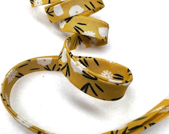 Daisy Flower bias tape, Summer flower bias, White Daisy bias tape, Double fold Daisy Flower bias, Mustard Bias Tape, 3 Yard Double fold bias