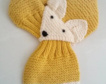 Adjustable Fox Scarf For KIDS or Adult Hand Knit Scarf / neck warmer Mustard /  Sunflower