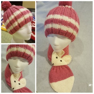 Set of Hand Knit Kids Children Toddler Knit Hat/ Beanie with pom pom / Fox key hole Neck warmer/Scarf