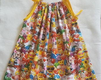 Toddler Emoji Character Pillowcase Dress,Kids Emoji Girls' Dress, Yellow  Emoji, Girls Emoji Pillowcase Dress, Emoji sun dress