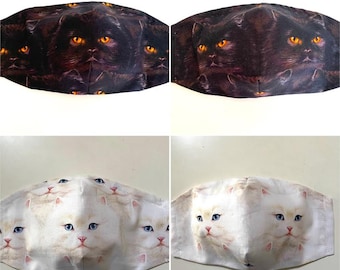 3 Layer Cat Face Mask, Halloween Cat Mask with Filter Pocket, Black / White Cat Mask with Nose Wire, Washable/Reusable Face Mask,100% Cotton