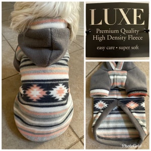 Luxe Dog sweater, Luxe FleeceLuxe Dog Sweater. Small Breed Dog Premium Fleece Hooded Sweater. Blush Gray Aztec StripeDog sweater,