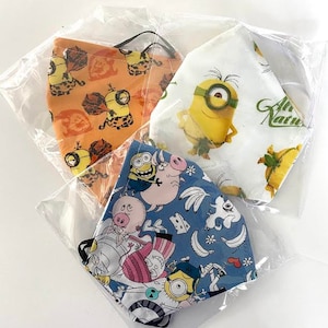 Ausverkauf! 3 Minions Gesichtsmaske, 3-Schicht-Minions Filter Taschenmaske, Erwachsene/Kinder Minions Gesichtsmaske, waschbar/wiederverwendbare Maske, 100 % Baumwolle, MADE IN USA