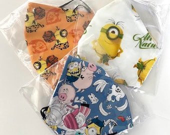 ¡Venta! 3 Minions Máscara de cara, 3 capas Minions Máscara de bolsillo de filtro, Adult /Kids Minions Face Mask, Máscara lavable / reutilizable, 100% algodón, HECHO EN EE.UU.