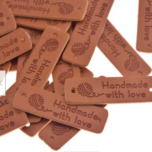 Handmade with Love Labels Tags, set of 20/40/60, PU Leather Clothing, Patches Bag, Handmade tags, PU leather labels, sew-in or rivet