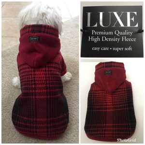 LUXE Fleece Dog Sweater. Small Breed Dog LUXE Premium Fleece Dog Hooded Sweater. Red & Black Mica Plaid dog sweater. Premium Dog Sweater