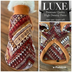 LUXE Fleece Dog Sweater. Small Breed Dog LUXE Fleece Dog Hooded Sweater. Baked Brick Color dog sweater. Vintage Diamond Premium Dog Sweater