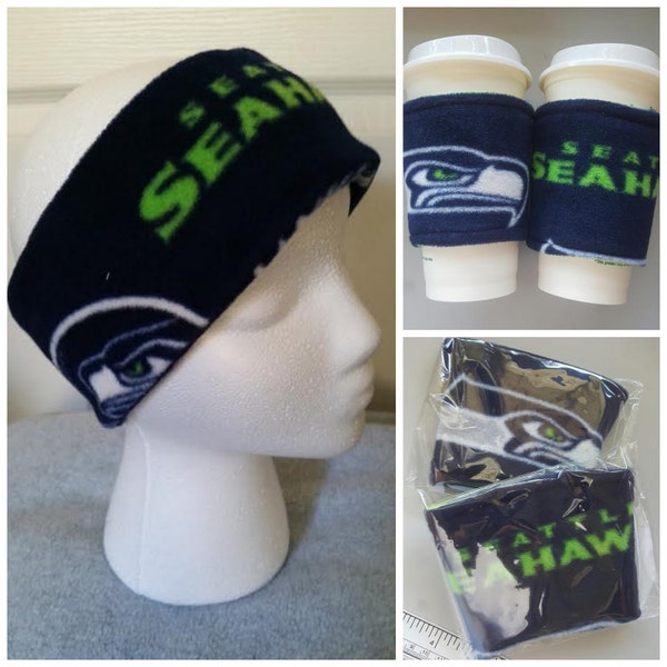 Set of Seahawks  Fleece Unisex  Headband, Ear Warmers, Ear Muffs, and 2 Cup Cozy, Cup Warmer. Coffee Cup Sleeve