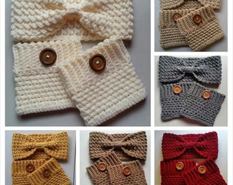 Crochet Bow Headband Ear Warmer and  Boots Cuff  Sets- CHOOSE Your Color