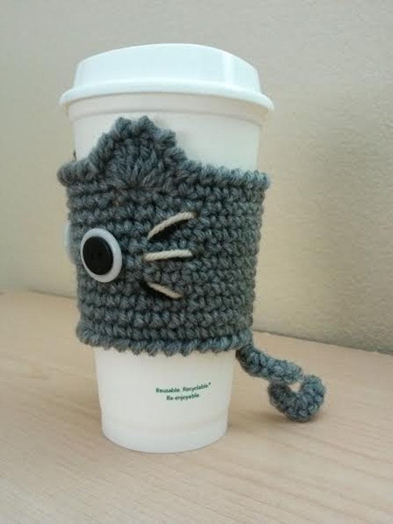 Crochet CAT Coffee Cup Cozy Kitty Cup Warmer Brown Cat 