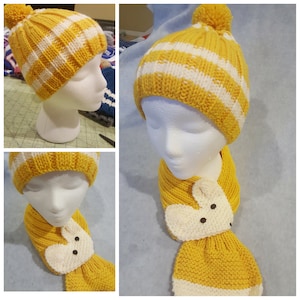 Set of Hand Knit Kids Children Toddler Knit Hat/ Beanie with pom pom / Fox key hole Neck warmer/Scarf