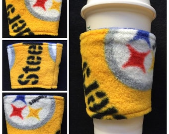 A [SET OF 2] NFL Pittsburgh Steelers  Fleece Fabric Coffee Cozy ,  Disposable  Coffee Cup Holder - Coffee Sleeve - Coffee Cozies