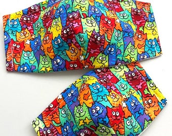 3 Layer Cat Face Mask with Filter Pocket, Cat Pattern Face Mask for adult or Kids, Washable/ Reusable Face Mask,100% Cotton, MADE IN USA