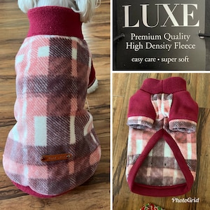 Small Breed Dog Premium Sweater, LUXE Fleece Dog Sweater,Dog LUXE Premium Sweater, Burgundy Plaid dog sweater(Check size before ordering)