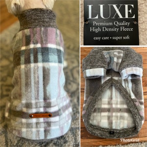 Small Breed Dog LUXE Sweater. Small Breed Dog Premium Sweater, Gray & Blue Plaid dog Luxe sweater, Blue LUXE Dog Sweater. Gray dog sweater