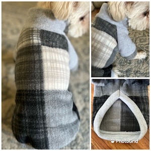 Small Breed Dog sweater, Black Grey Plaid Fleece Dog Sweater,Black Grey Plaid Dog Sweater, Dog Pullover Fleece Sweater (Double Checked size)