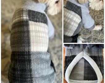 Small Breed Dog sweater, Black Grey Plaid Fleece Dog Sweater,Black Grey Plaid Dog Sweater, Dog Pullover Fleece Sweater (Double Checked size)