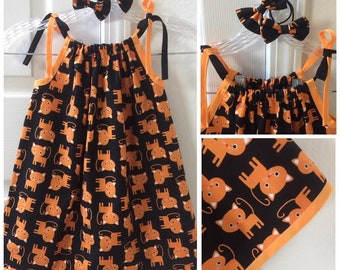 Girls/Toddler Halloween Pillowcase dress. Toddler Halloween Cat pillowcase dress. Halloween Orange Cat Girls Sun dress. Halloween clothes