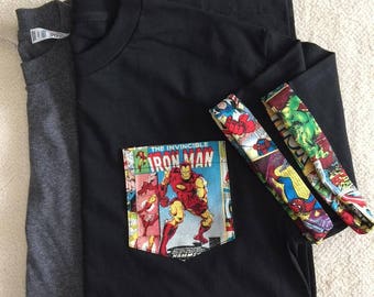 Iron Man Pocket Roll-up T-Shirt, Avengers T-shirt, Super Hero Pocket and Roll-up Sleeves T-shirt, Ironman Tee