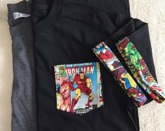 Camiseta de Iron Man con bolsillo enrollable, camiseta de Los Vengadores, camiseta de superhéroe con bolsillo y mangas enrollables, camiseta de Ironman