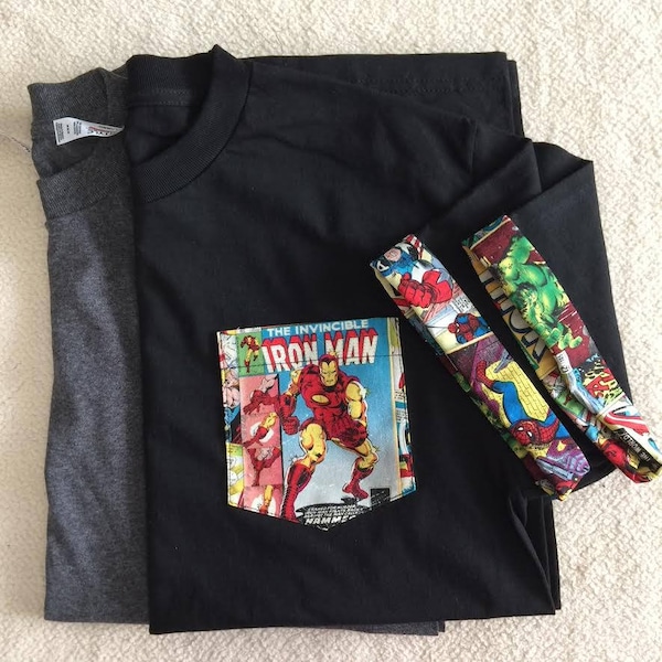 Iron Man Pocket Roll-up T-Shirt, Avengers T-shirt, Super Hero Pocket and Roll-up Sleeves T-shirt, Ironman Tee