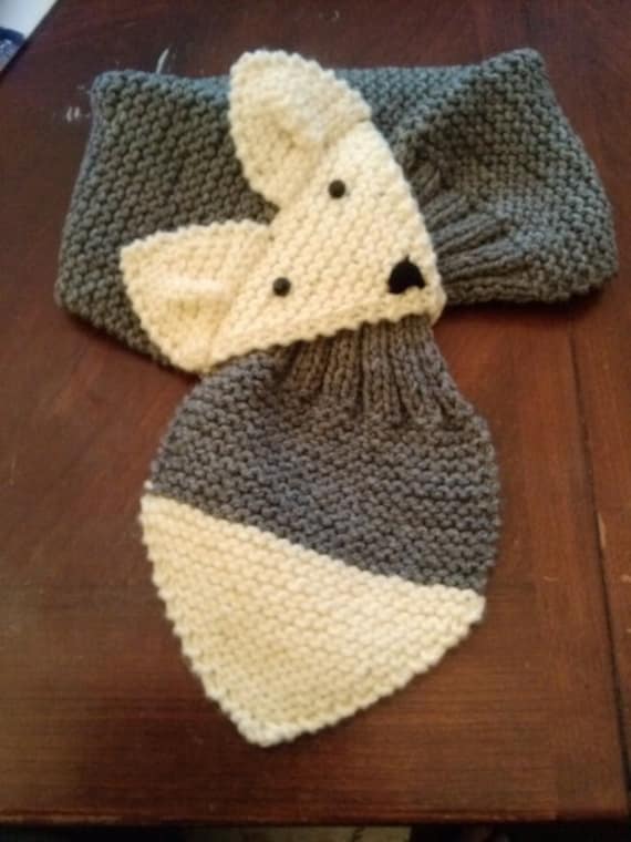 Adjustable Fox Scarf Gray Hand Knit Neck Warmer For Kids Or Adult