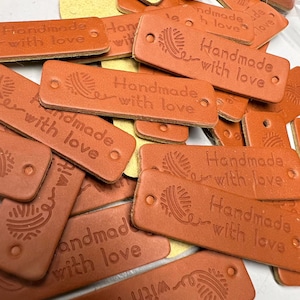Handmade with Love Labels Tags, set of 20/40/60, PU Leather Clothing, Patches Bag, Handmade tags, PU leather labels, sew-in or rivet