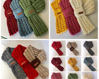 Hand Knit Adjustable Keyhole Scarf. Kids or Adult adjustable Hand Knit Scarf, Keyhole Neck warmer with hand made leather label