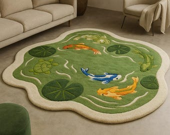 Alfombra para estanque koi hecha a mano: forma irregular con peces y nenúfares / Alfombra de lujo con mechones