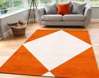 Modern Geometric Orange Rug, Abstract Area Rug, Minimalist Living Room Carpet, Scandinavian Floor Rug, Bedroom Decor Rug, Large Soft Carpet